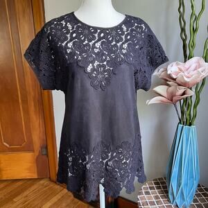 Yoana Baraschi Suede Like Lace Top Short Sleeve Women's Size‎ Small Black NWOT